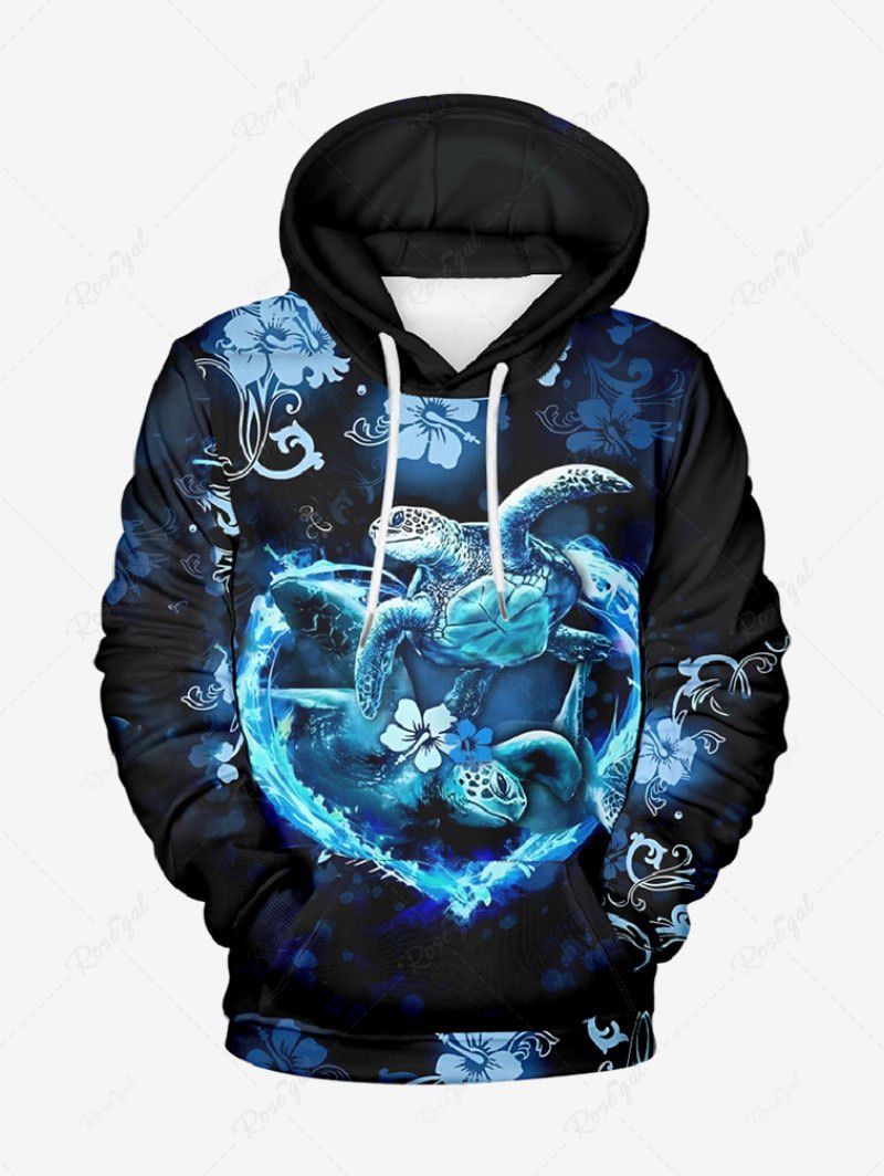 Outfits Plus Size Tropical Hibiscus Flower Turtle Heart Print Pocket Drawstring Hawaii Hoodie For Men  