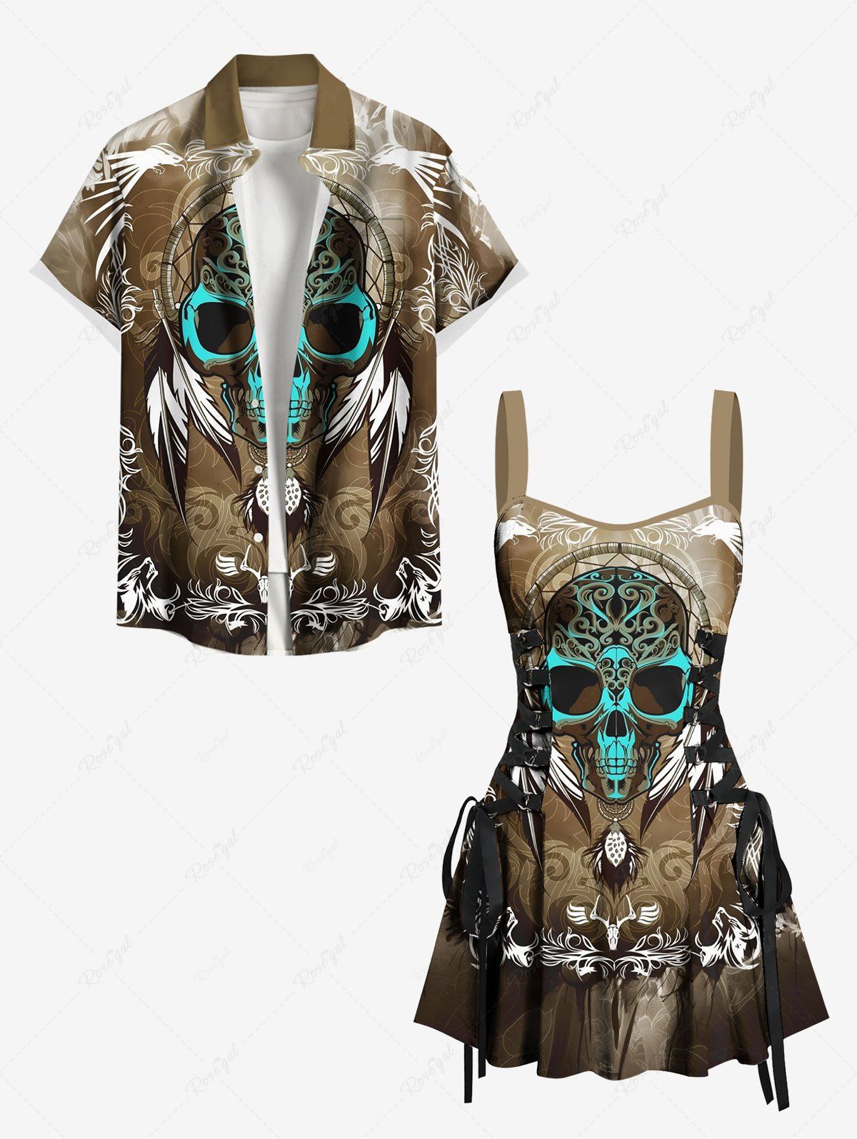 Costume de Plage Grande Taille pour Couples en Forme de Crâne avec Sleeveless café 