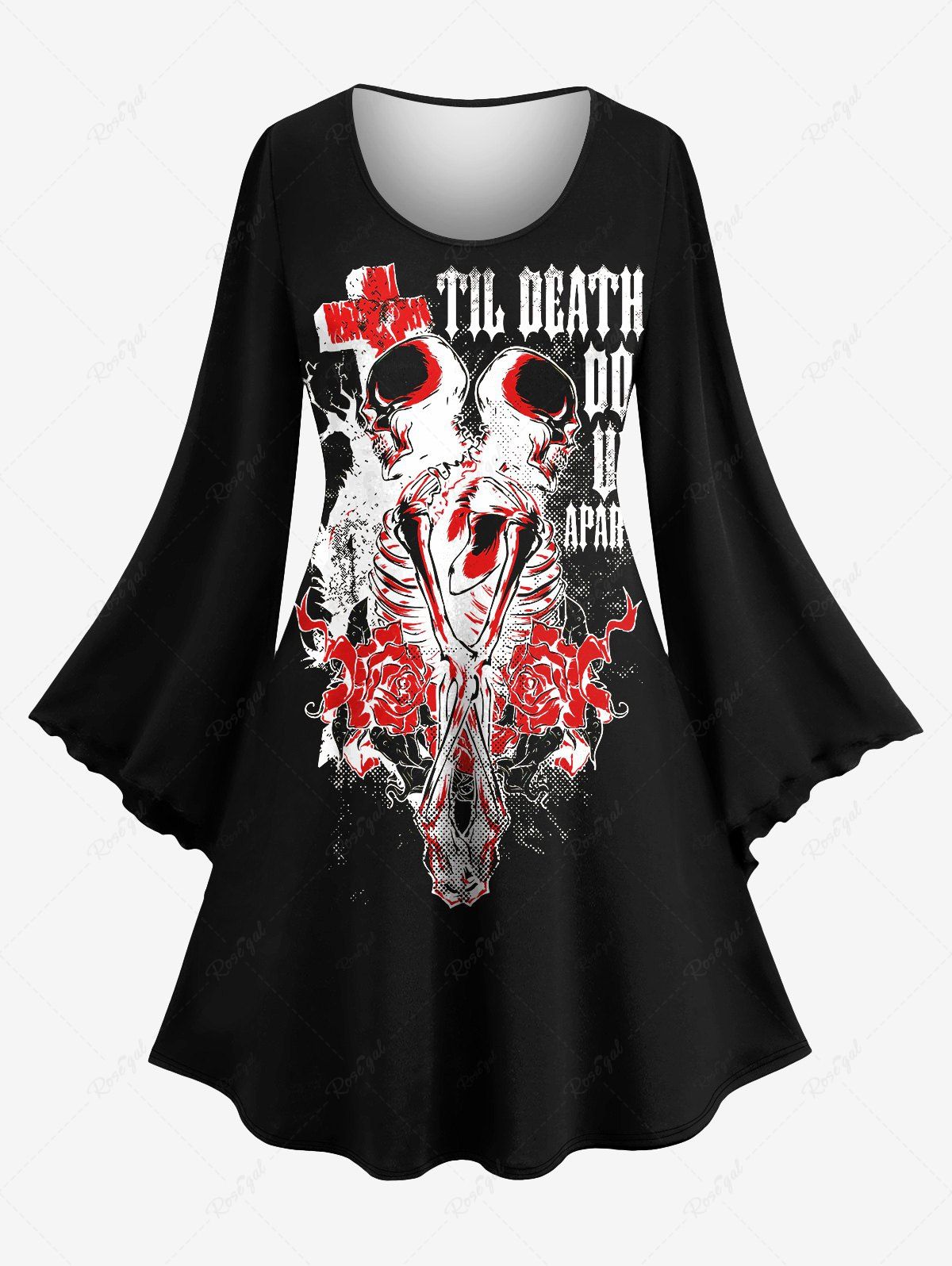 Fancy Plus Size Skeleton Lovers Flower Cross Letters Print Valentines Flare Sleeves A Line Dress  