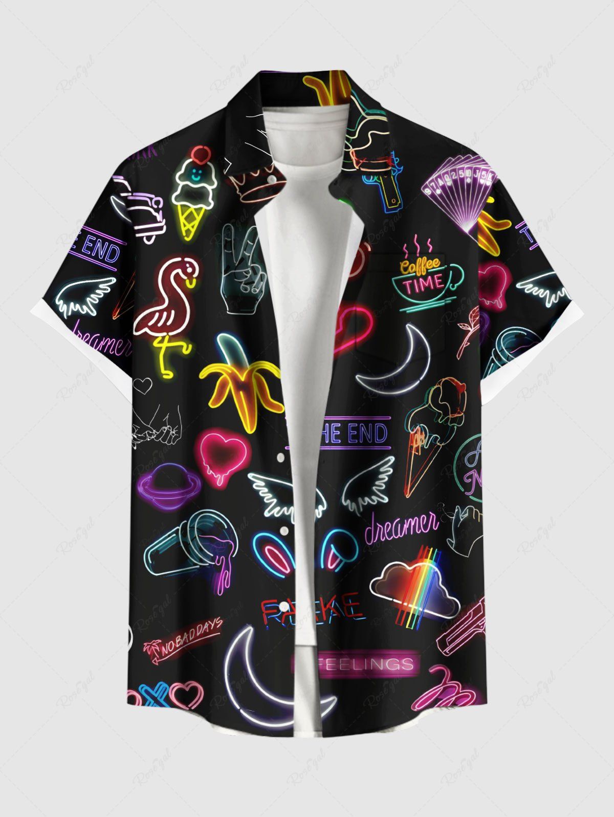 Chic Plus Size Neon Flamingo Cherry Banana Heart Moon Wing Cloud Print Hawaii Button Pocket Shirt For Men  