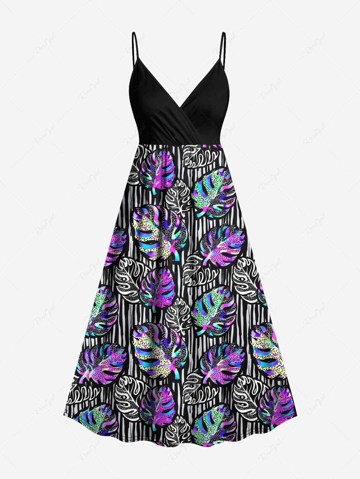 Discount Plus Size Colorful Tropical Leaves Striped Background Print Hawaii Surplice A Line Cami Dress  