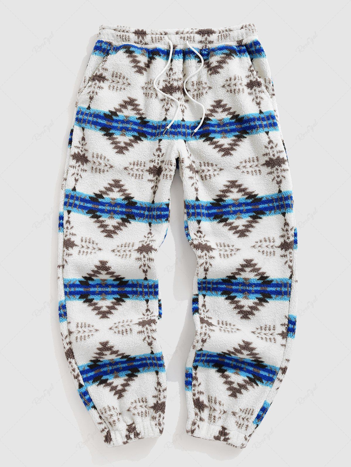 Pantalon Jogging avec Cordon de Serrage en Fausse Fourrure Imprimé Aztèque Géométrique Style Ethnique Bleu XL