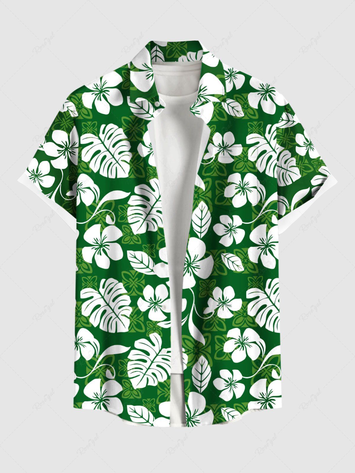 Chic Plus Size Tropical Leaf Hibiscus Flower Print Buttons Pocket Hawaii Shirt For Men  