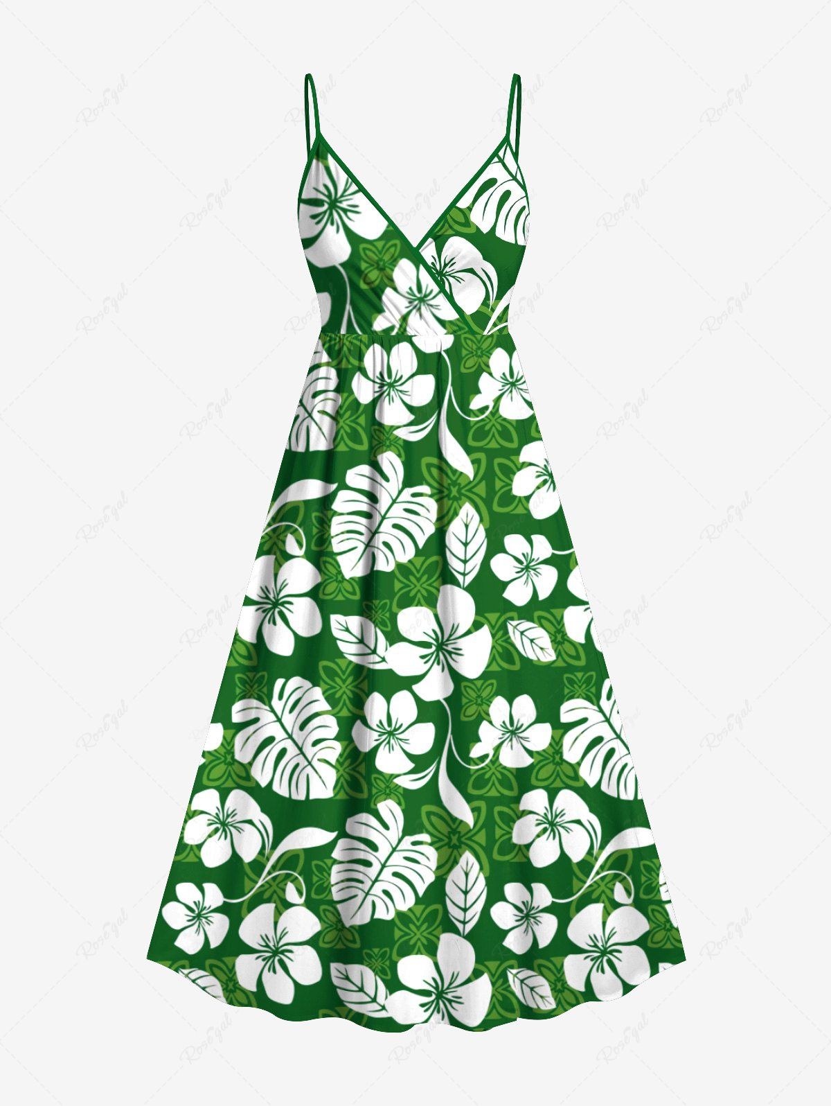Store Plus Size Tropical Leaf Hibiscus Flower Print Surplice Hawaii Cami Dress  