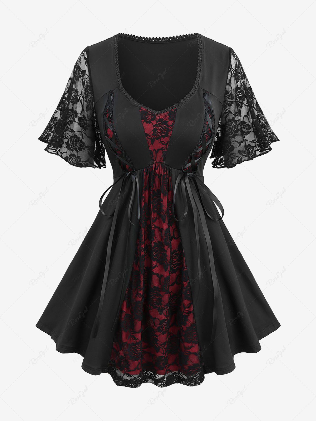 Cheap Plus Size Rose Flower Lace Panel Patchwork Lace-up Top  