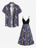 Plus Size Colorful Tropical Leaves Striped Background Print Hawaii Surplice A Line Cami Dress -  