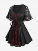 Plus Size Rose Flower Lace Panel Patchwork Lace-up Top -  