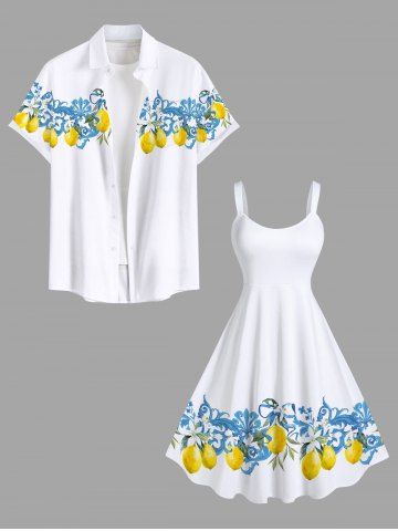 Lemon Leaf Floral Pattern Print Plus Size Matching Hawaii Beach Outfit For Couples - WHITE