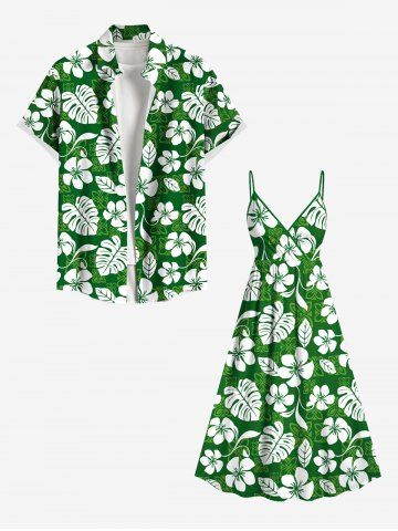 Tropical Leaf Hibiscus Flower Print Plus Size Matching Hawaii Beach Outfit For Couples - GREEN