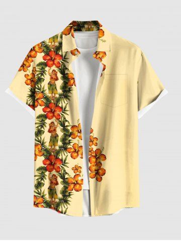 Plus Size Tropical Leaves Floral Hula Dancer Print Hawaii Button Pocket Shirt For Men - YELLOW - S