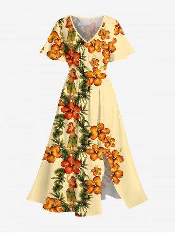 Plus Size Tropical Leaves Floral Hula Dancer Print Hawaii Split Pocket A Line Midi Dress - YELLOW - XS