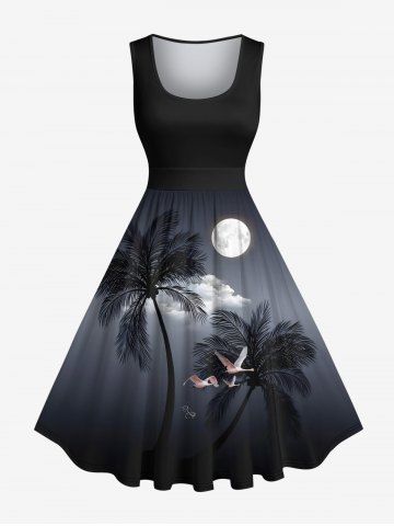 Plus Size Coconut Tree Moon Cloud Crane Print Hawaii 1950s Vintage Dress - BLACK - L