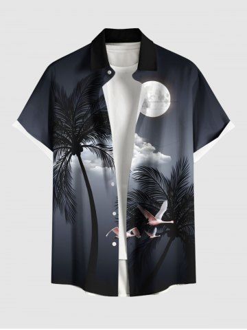 Plus Size Coconut Tree Moon Cloud Crane Print Buttons Pocket Hawaii Shirt For Men