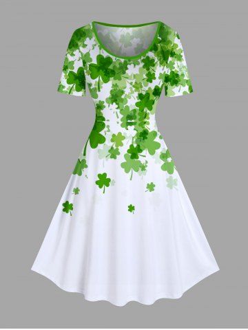 Plus Size St. Patrick's Day Clover Leaf Print Vintage Dress - WHITE - XS