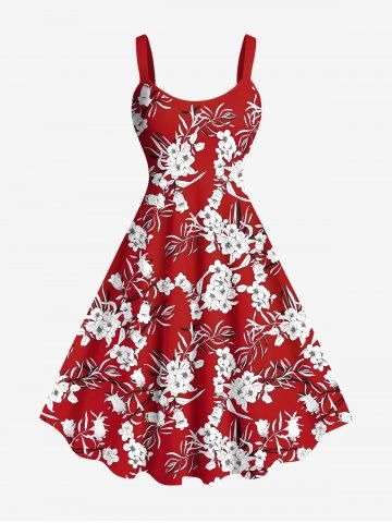 Plus Size Flower Leaf Print Hawaii Tank Dress