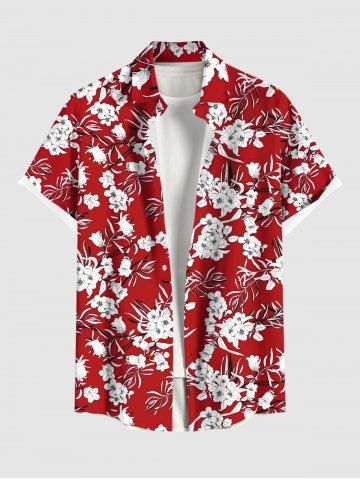 Plus Size Flower Leaf Print Buttons Pocket Hawaii Shirt For Men - RED - 3XL