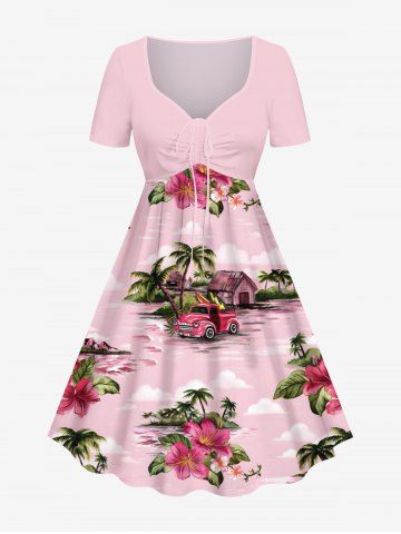 Plus Size Coconut Tree Flowers Leaf Cars Print Cinched Hawaii Dress - LIGHT PINK - 2X