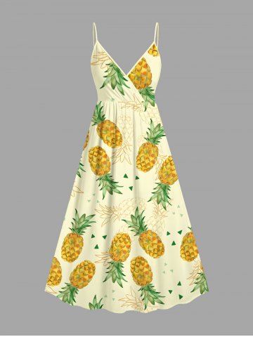 Plus Size Pineapple Print Hawaii Surplice A Line Cami Dress - BEIGE - S