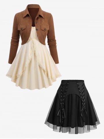 Ruched Bust Ruffles Solid Cami Top Set and Lace Up Mesh Layered A Line Skirt Plus Size Outfit - COFFEE