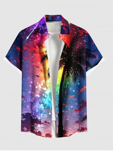 Plus Size Coconut Tree Colorful Ombre Galaxy Print Hawaii Button Pocket Shirt For Men