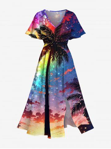 Plus Size Coconut Tree Colorful Ombre Galaxy Print Hawaii Split Pocket A Line Midi Dress