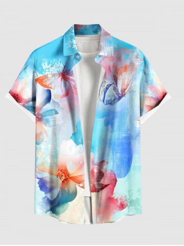 Plus Size Watercolor Tie Dye Ombre Floral Butterfly Print Hawaii Button Pocket Shirt For Men - BLUE - 4XL