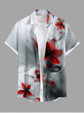 Plus Size Flower Print Buttons Pocket Hawaii Shirt For Men - GRAY - 4XL