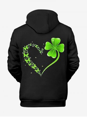 Plus Size St. Patrick's Day Clover Leaf Butterfly Heart Print Pocket Drawstring Hoodie For Men