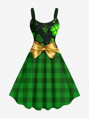 Plus Size St. Patrick's Day Plaid Bowknot Clover Leaf Heart Print Tank Dress - GREEN - XS