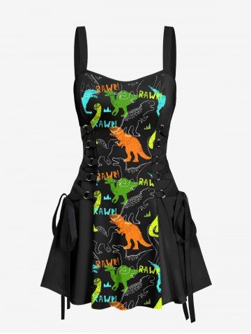 Colorful Dinosaur Letters Print Hawaii Lace Up A Line Tank Dress - BLACK - S