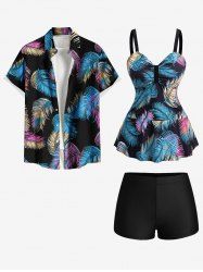 Maillot de Bain Grande Taille Imprimé Plume Colorée Costume de Paon - Noir 