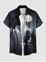 Plus Size Coconut Tree Moon Cloud Crane Print Buttons Pocket Hawaii Shirt For Men -  