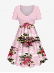 Plus Size Coconut Tree Flowers Leaf Cars Print Cinched Hawaii Dress -  