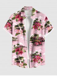 Plus Size Coconut Tree Flowers Leaf Cars Print Buttons Pocket Hawaii Shirt For Men -  