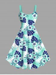 Plus Size Tropical Leaves Floral Print Hawaii A Line Tank Dress -  