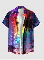 Plus Size Coconut Tree Colorful Ombre Galaxy Print Hawaii Button Pocket Shirt For Men -  