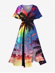 Robe Mi-Longue Hawaïen Ligne A Boutonnée Colorée Arbre de Noix de Coco Imprimé de Grande Taille avec Poche - Multi-A S