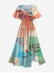 Plus Size Branch Leaves Colorblock Line Print Hawaii Split Pocket A Line Midi Dress -  