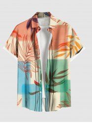 Plus Size Branch Leaves Colorblock Line Print Hawaii Button Pocket Shirt For Men -  