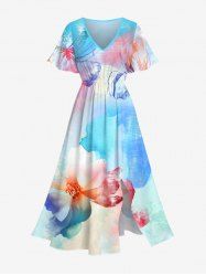 Plus Size Watercolor Tie Dye Ombre Floral Butterfly Print Hawaii Split Pocket A Line Midi Dress -  