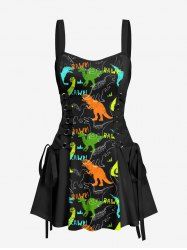 Colorful Dinosaur Letters Print Hawaii Lace Up A Line Tank Dress -  