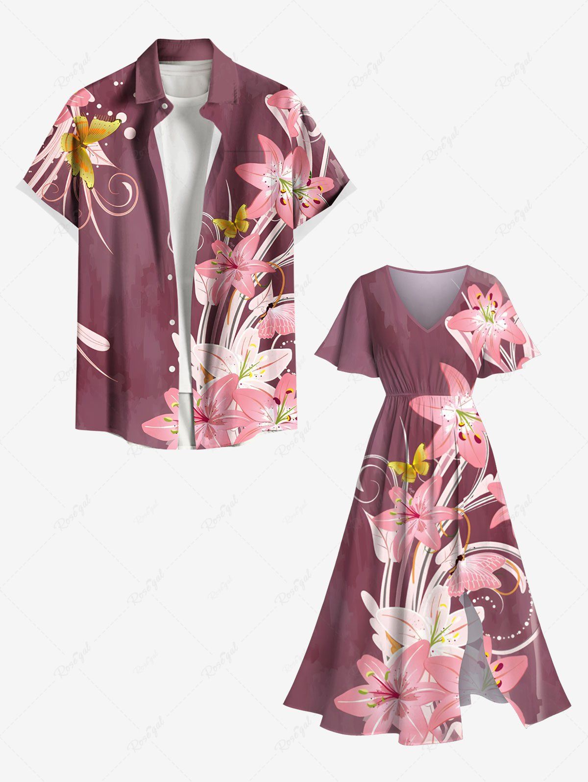 Rose et Short de Plage Assortis Grande Taille Imprimé Lys pour Couples Rose clair 