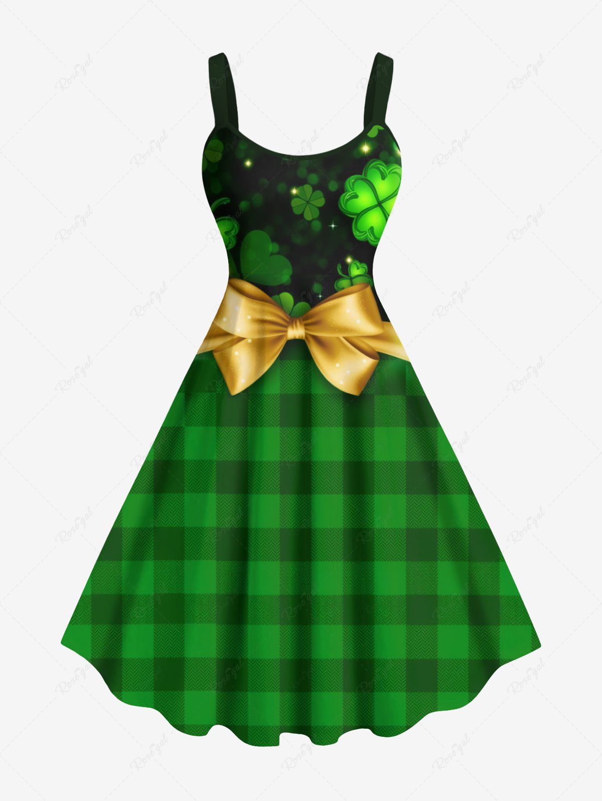 Plus Size St. Patrick's Day Plaid Bowknot Clover Leaf Heart Print Tank Dress Vert XS
