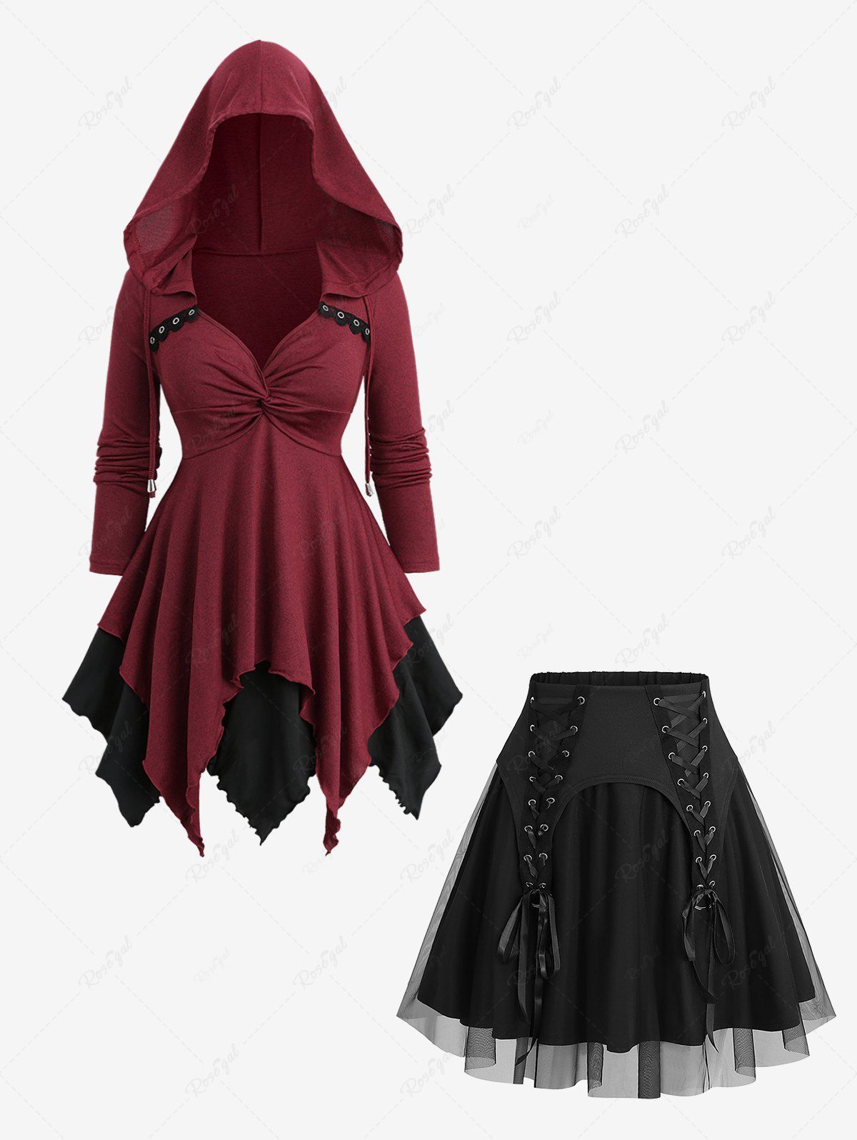 Discount Twist Lace Trim Drawstring Hooded Handkerchief Top and Lace Up Mesh Layered A Line Skirt Plus Size Outfit  