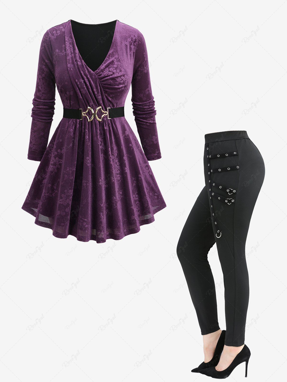 Hot Floral Embossed Surplice Ruched Long Sleeves Top and D-Ring Heart Buckle Leggings Plus Size Outfit  