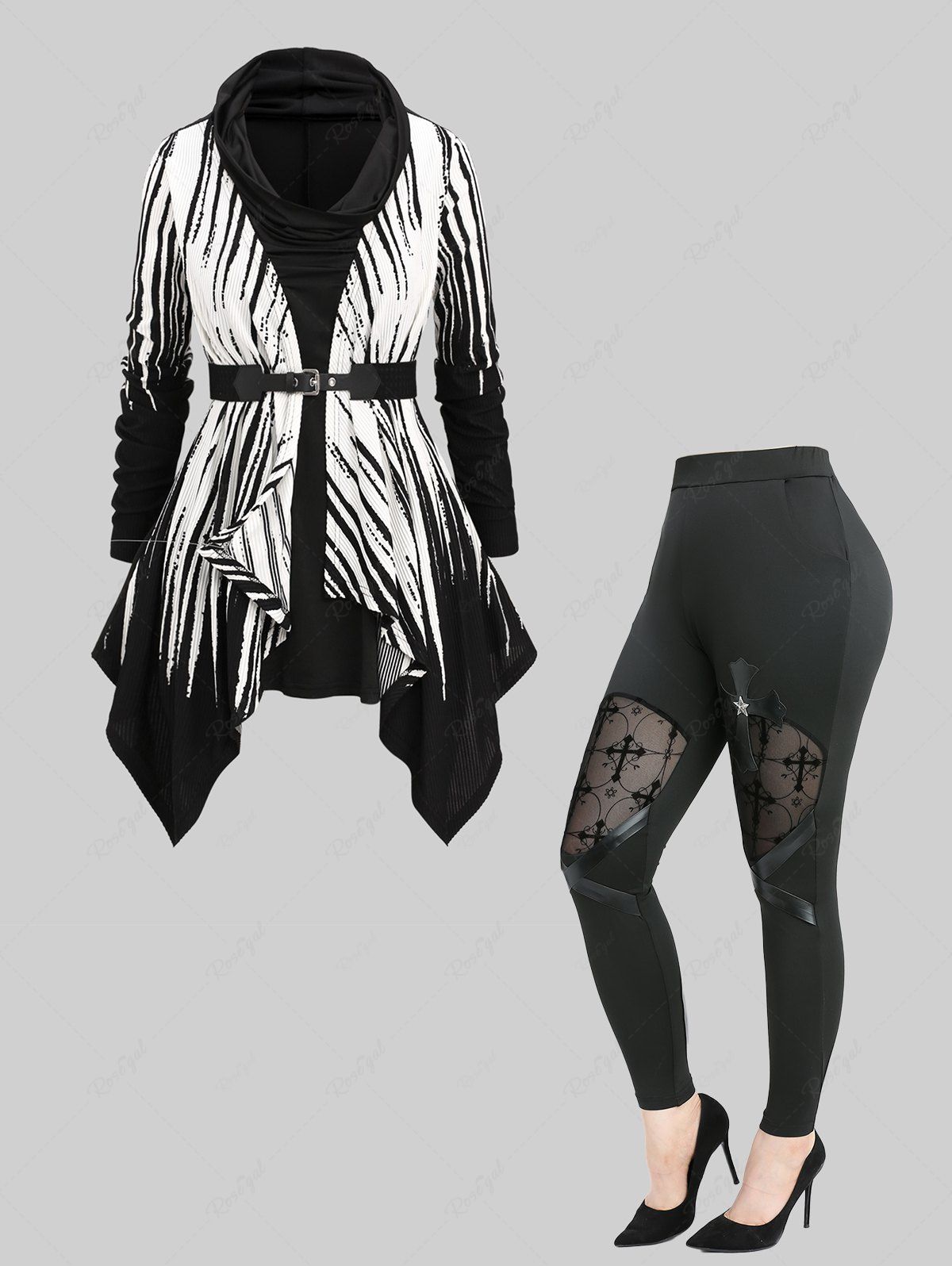 Sale White Black Stripes Zebra Print Belt Handkerchief T-shirt and Flocking Mesh Leggings Plus Size Outfit  