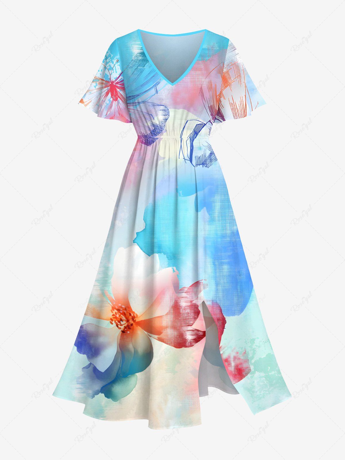 Buy Plus Size Watercolor Tie Dye Ombre Floral Butterfly Print Hawaii Split Pocket A Line Midi Dress  