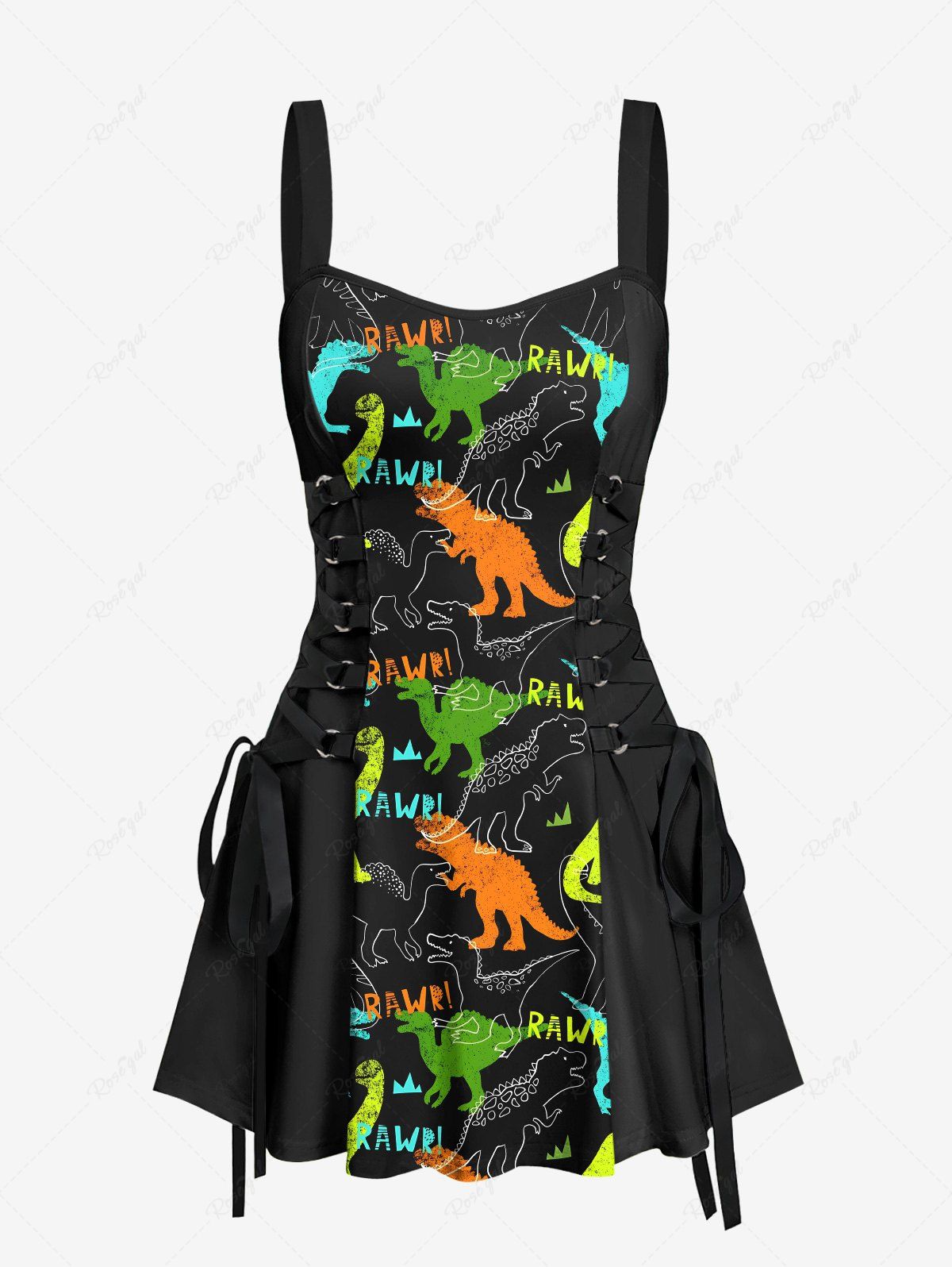 Buy Colorful Dinosaur Letters Print Hawaii Lace Up A Line Tank Dress  