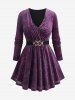 Floral Embossed Surplice Ruched Long Sleeves Top and D-Ring Heart Buckle Leggings Plus Size Outfit -  