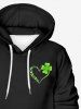 Plus Size St. Patrick's Day Clover Leaf Butterfly Heart Print Pocket Drawstring Hoodie For Men - Noir 8XL